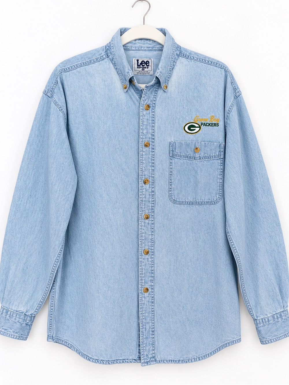 Vintage Lee Sport Green Bay Packers Denim Button Down Shirt XL NFL Embroidered